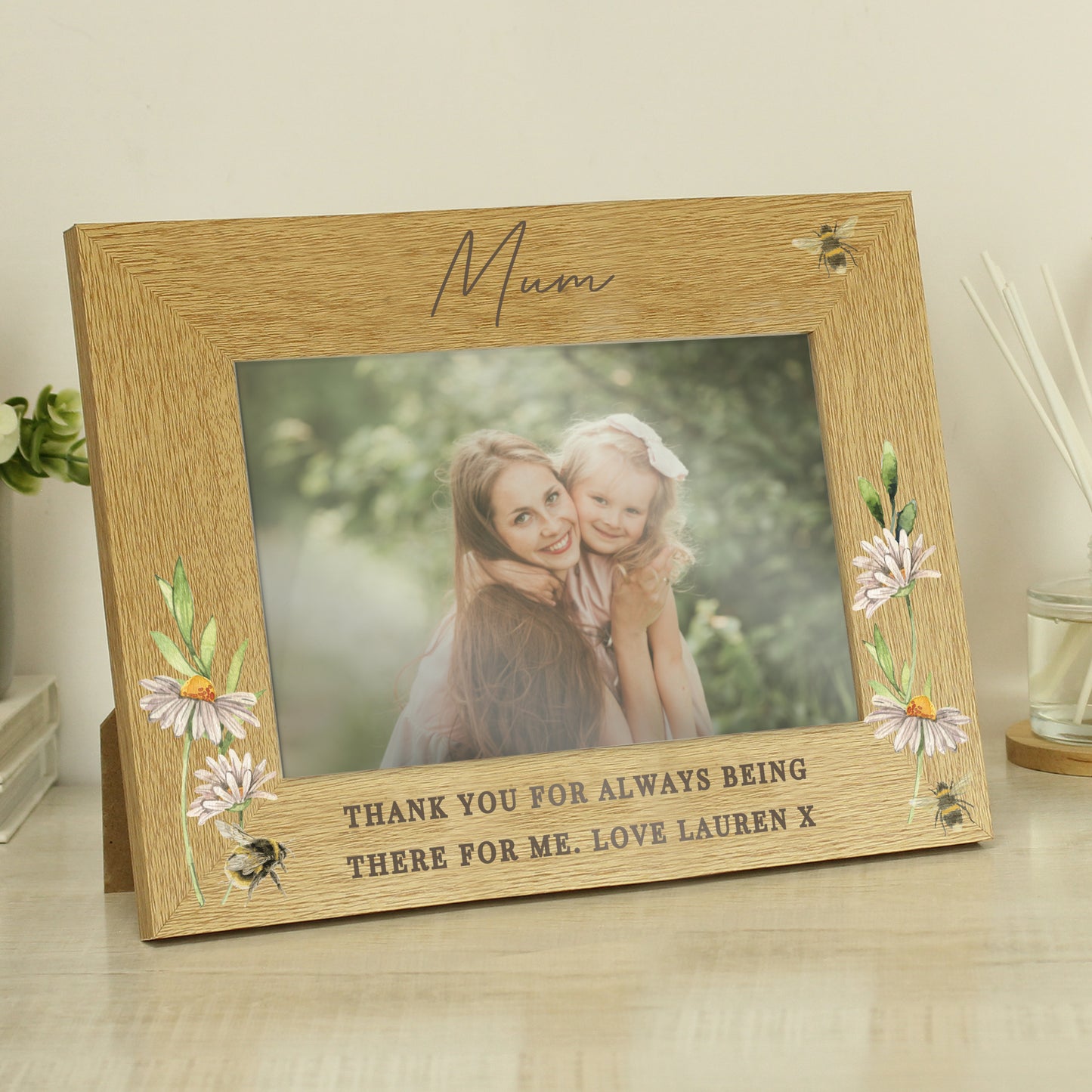 Personalised Flower & Bee 6x4 Oak Finish Photo Frame