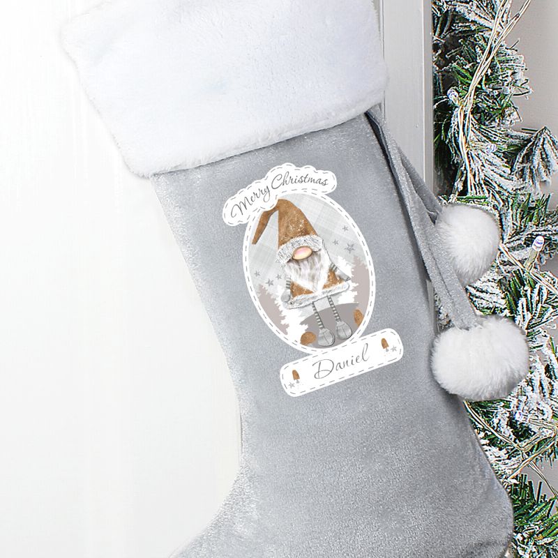 Personalised Christmas Gonk Silver Grey Stocking