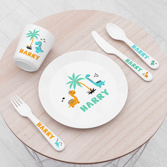 Personalised Dinosaur Design Kid's Shatterproof Dining Set