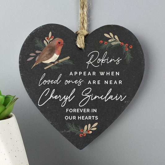 Personalised Robins Appear Slate Memorial Hanging Heart Plaque