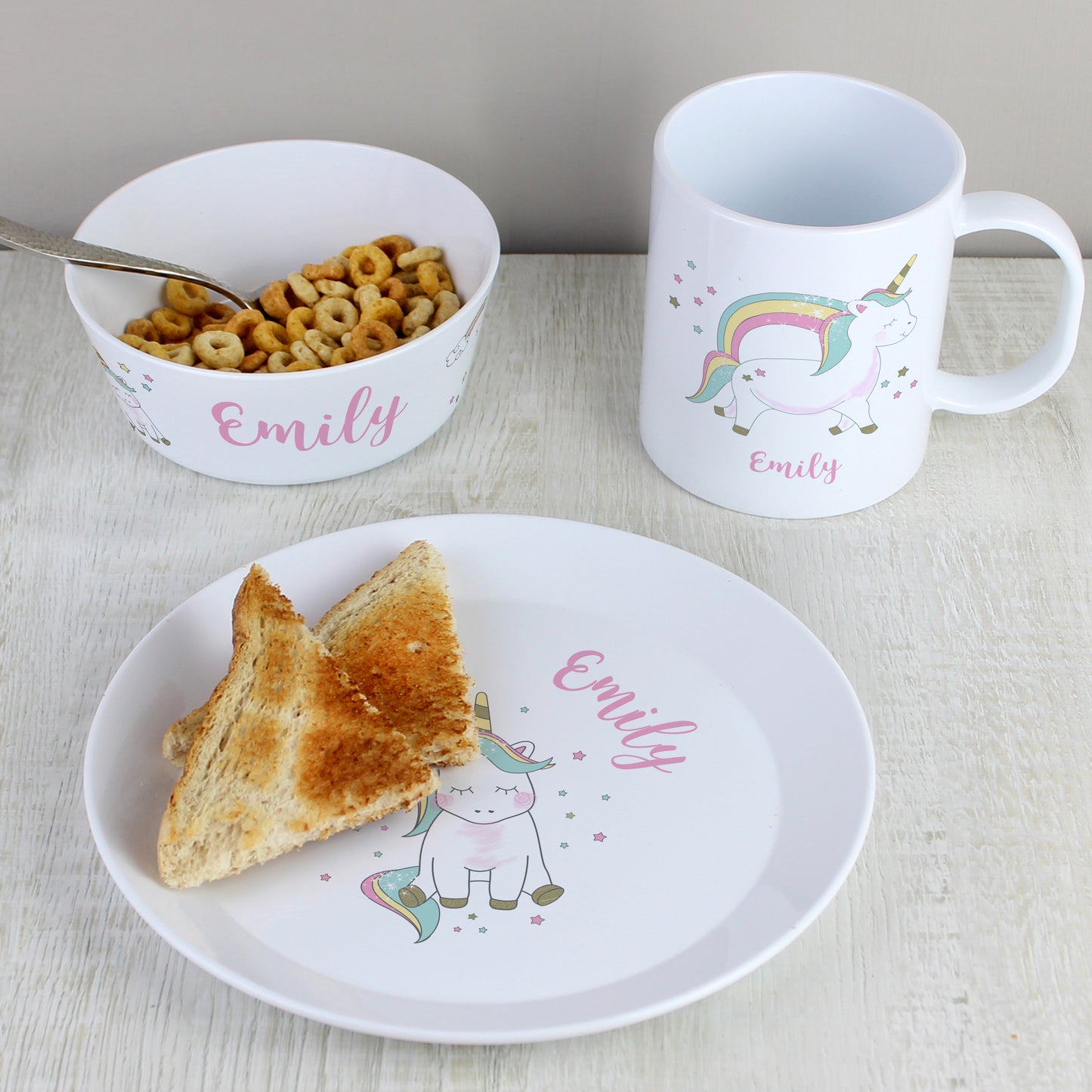 Personalised Unicorn BPA Free Plastic Breakfast Set