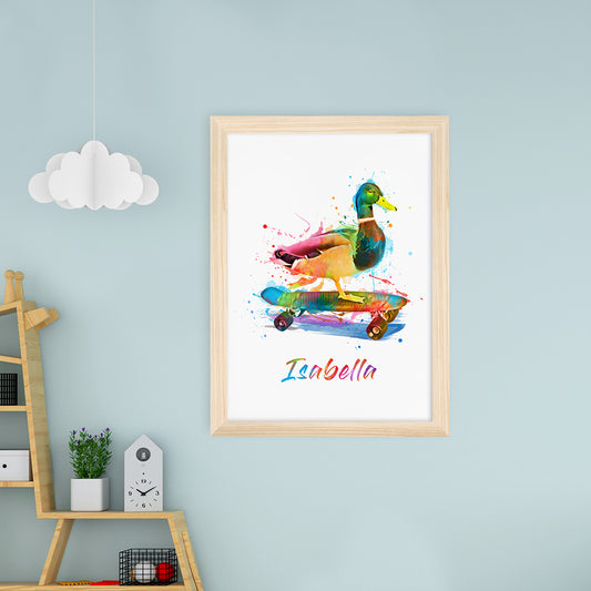 Personalised Watercolour Skateboarding Duck Framed Print