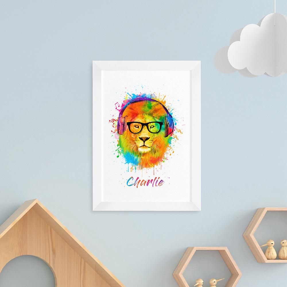 Personalised Watercolour Lion Musical Notes Framed Print