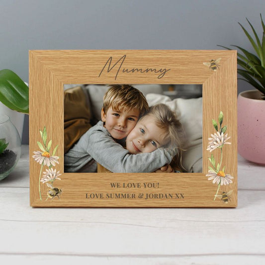 Personalised Flower & Bee 6x4 Oak Finish Photo Frame