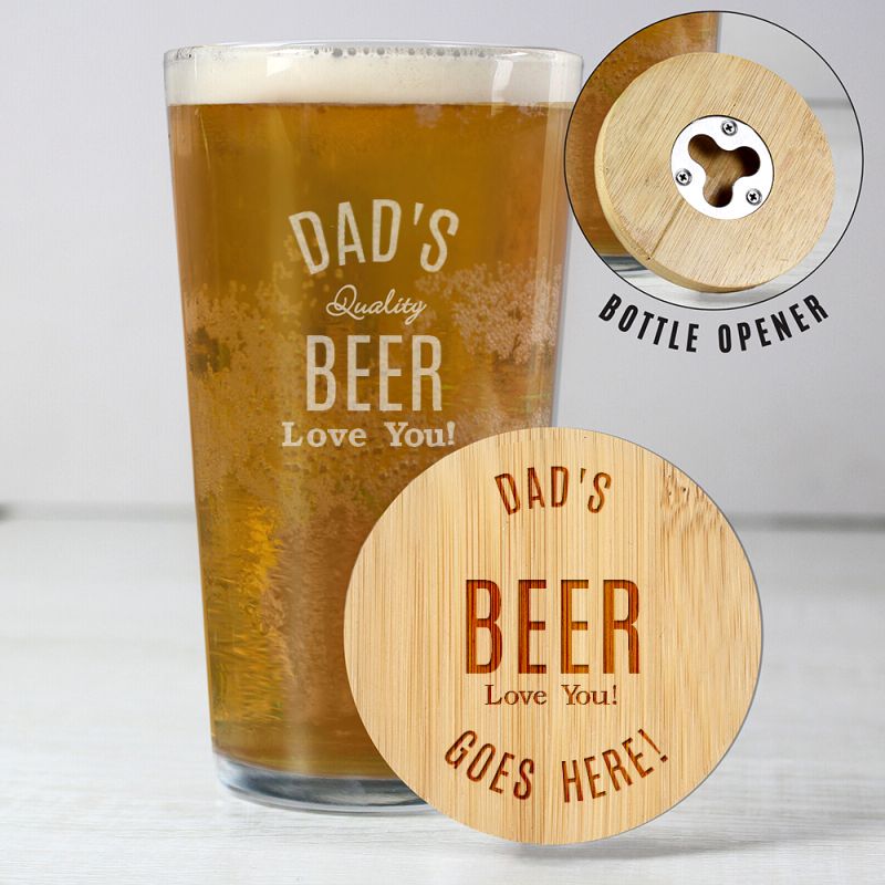 Personalised Pint Glass & Bamboo Bottle Opener Set