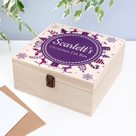 Personalised Christmas Eve Box With PurpleSnowflake Wreath Design