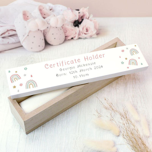 Personalised Rainbow Design Wooden Birth Certificate Holder