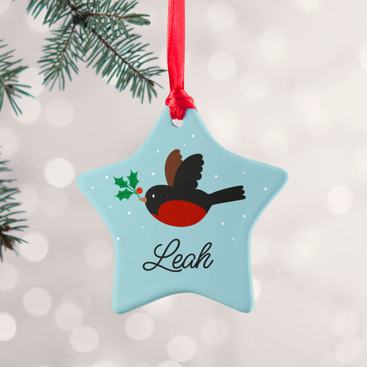 Personalised Robin With Holly Ceramic Christmas Decoration