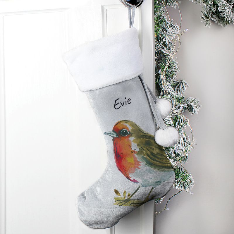 Personalised Robin Design Silver Grey Christmas Stocking