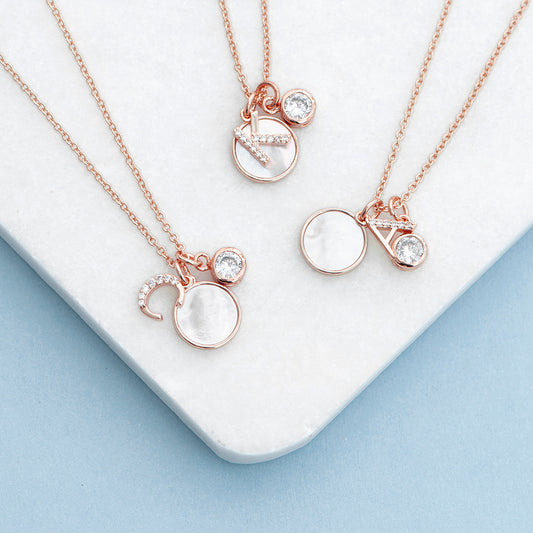 Rose Gold Plated Initial Necklace With Mother of Pearl and Crystal