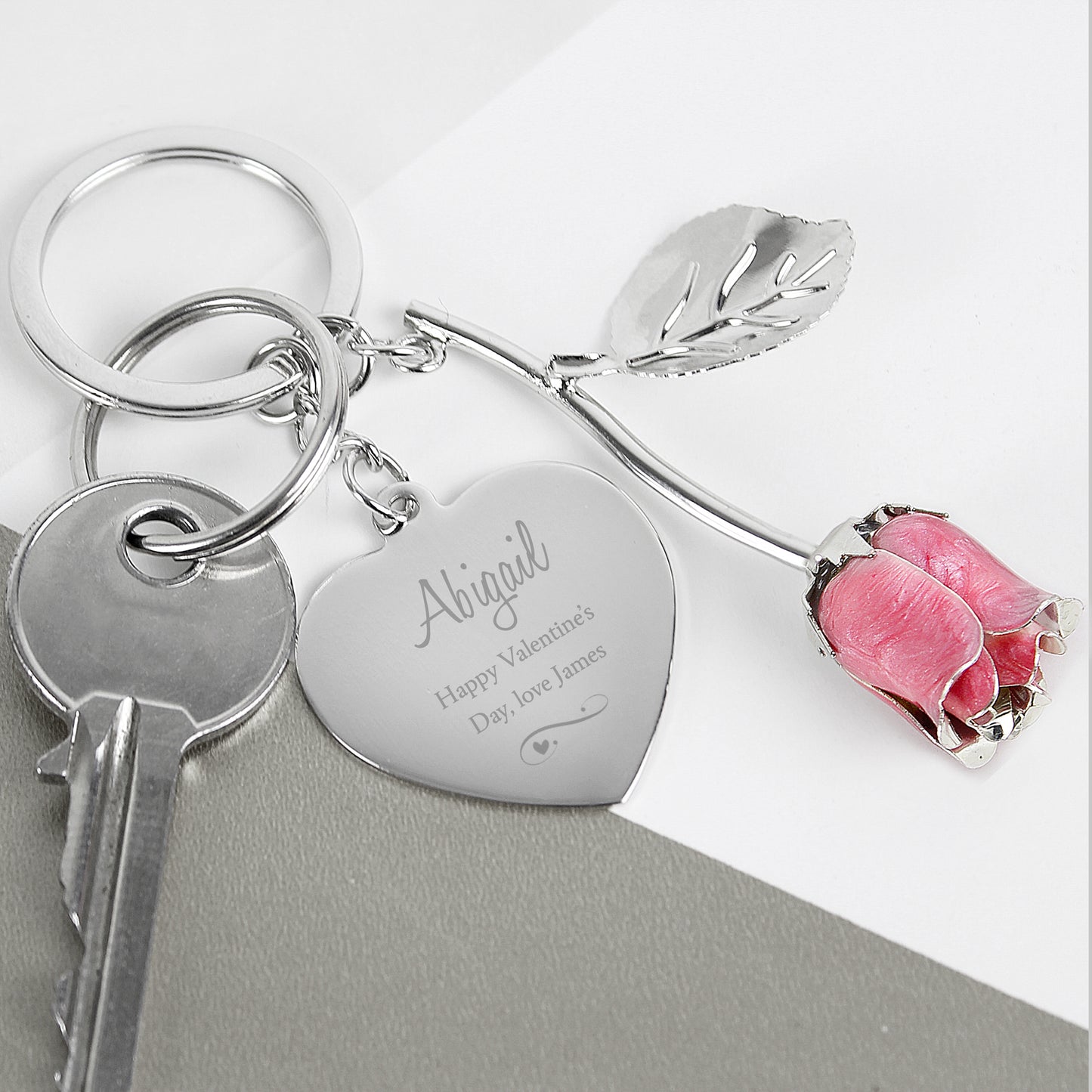 Personalised Hearts & Swirls Pink Rosebud Keyring