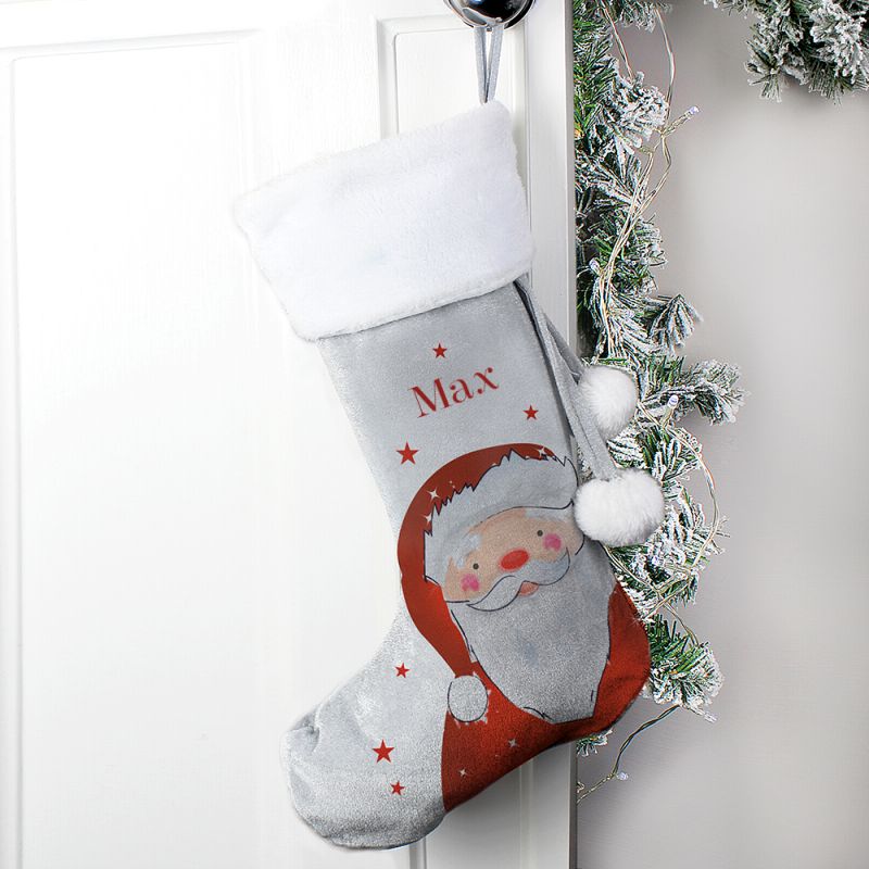 Personalised Santa Silver Grey Christmas Stocking