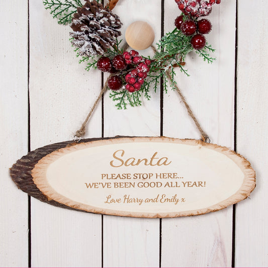 Personalised Santa Please Stop Here Rustic Wooden Sign