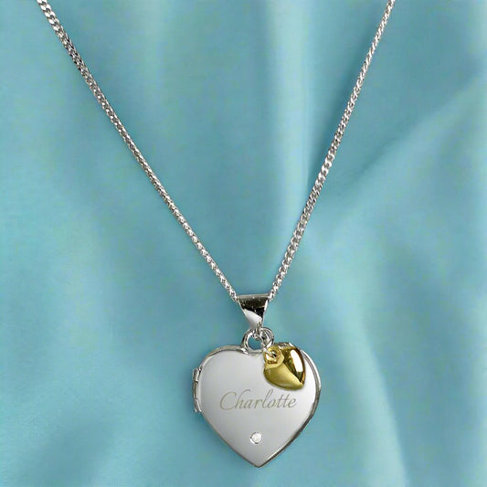 Personalised Sterling Silver Heart Locket Necklace With Diamond & Heart Charm