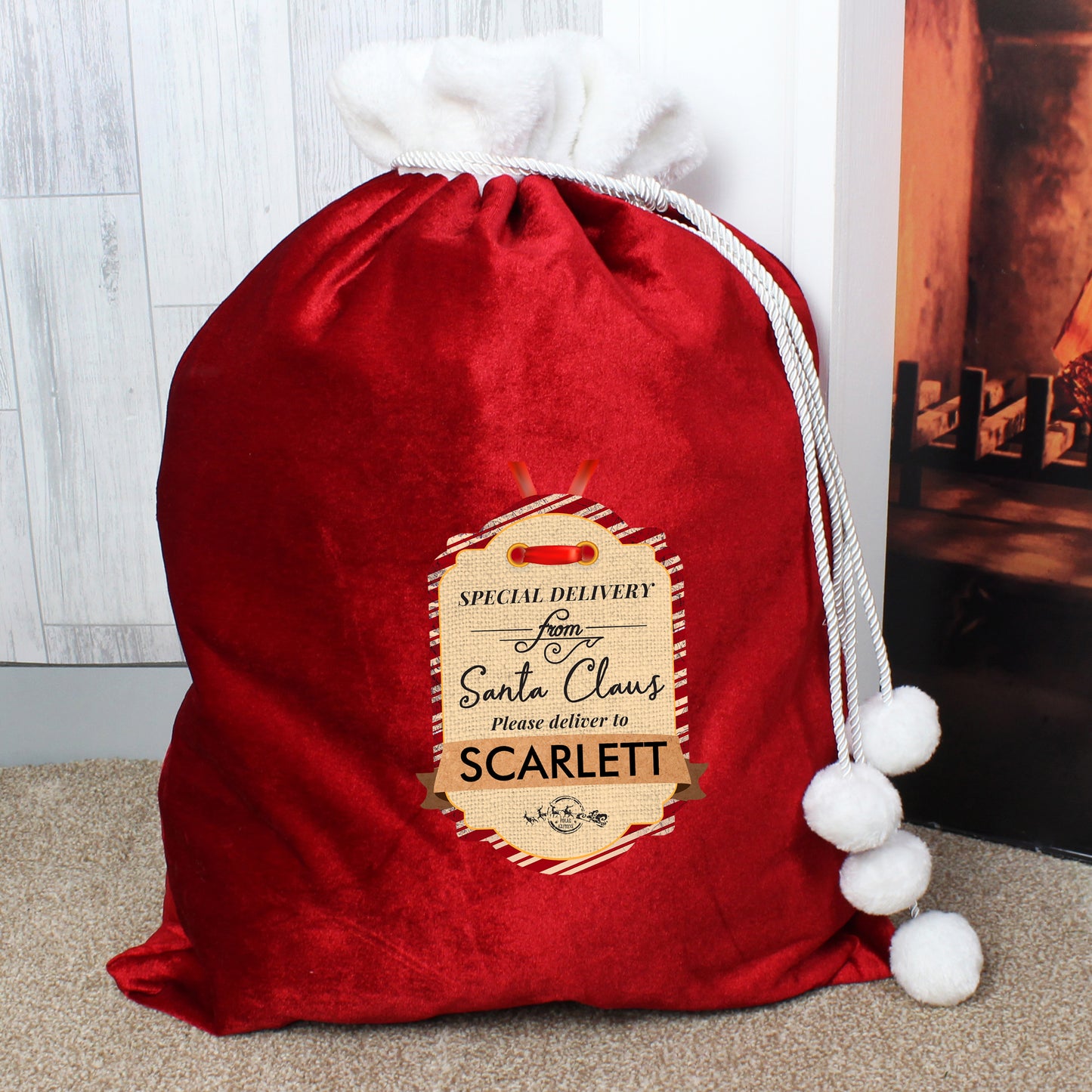 Personalised Special Delivery Luxury Pom Pom Red Christmas Sack