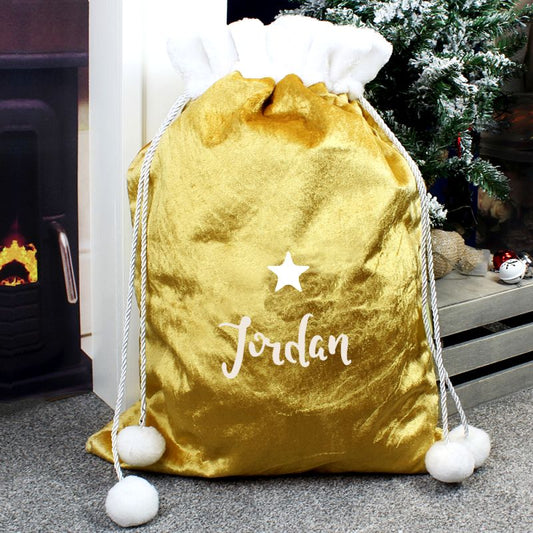 Personalised Luxury Pom Pom Gold Christmas Gift Sack