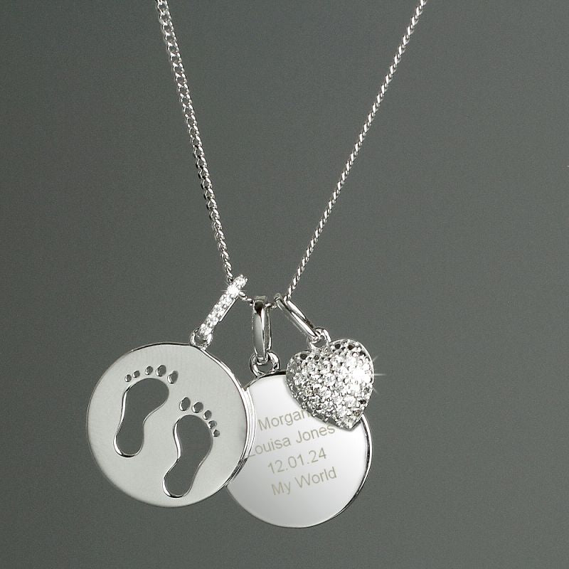 Personalised Sterling Silver Baby Footprints & Cubic Zirconia Heart Necklace