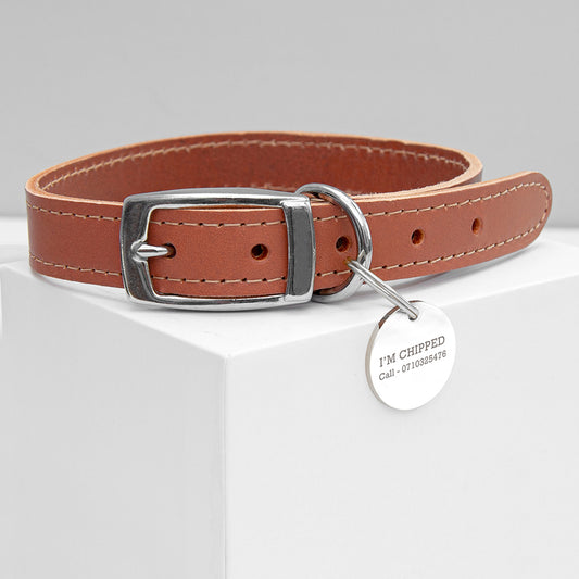 Brown Leather Dog's Collar With Personalised Tag