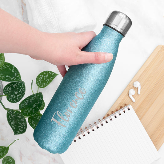 Personalised Teal Glitter Water Bottle