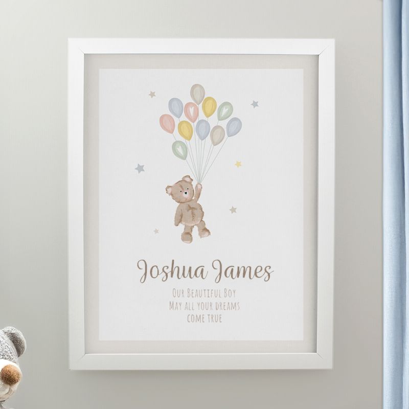 Personalised Teddy Bear & Balloons White Framed Print