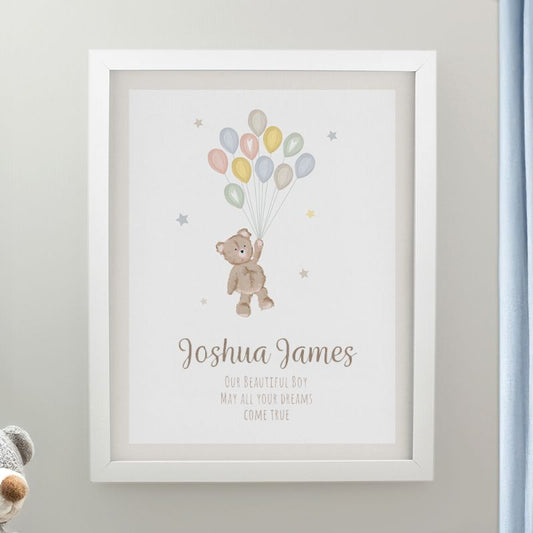 Personalised Teddy Bear & Balloons White Framed Print