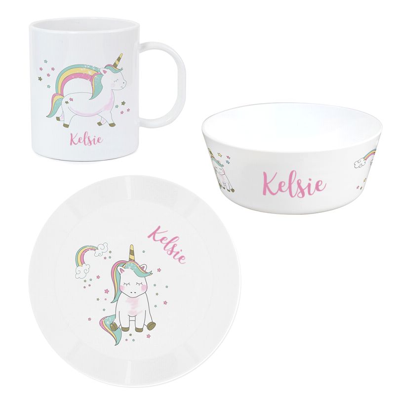 Personalised Unicorn BPA Free Plastic Breakfast Set