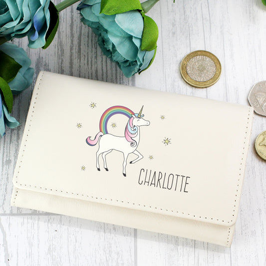 Personalised Unicorn & Rainbow Cream Leather Purse