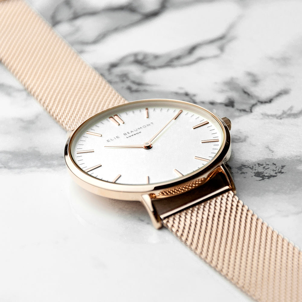 Personalised Rose Gold Mesh Strapped Watch With White Dial