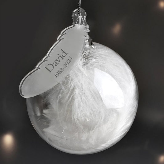 Personalised White Feather Glass Memorial Bauble